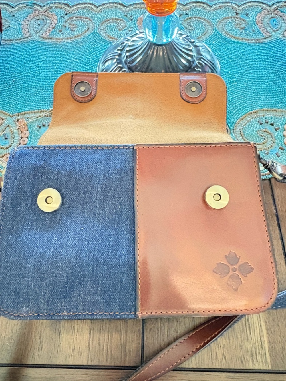 Patricia Nash Denim and Brown Patchwork Mini Satchel - Picture 5 of 7